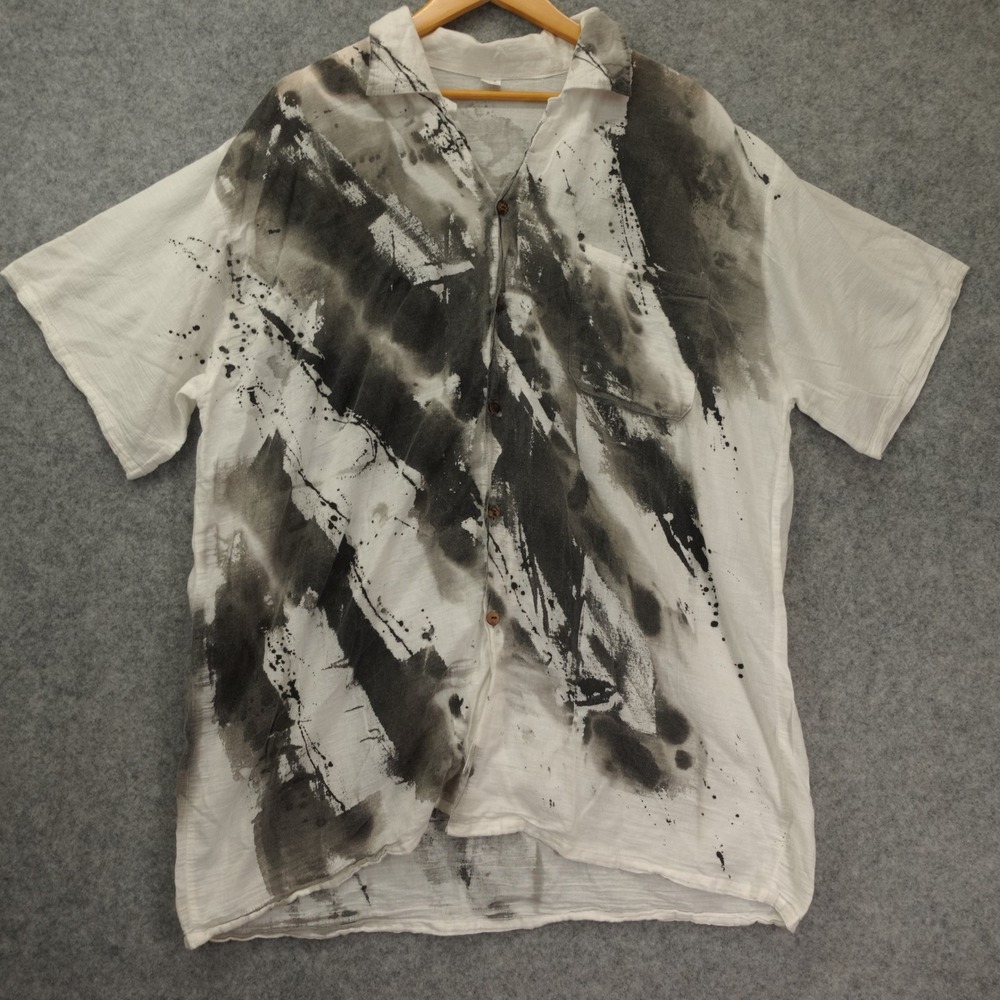 Brushstroke Camp Collar Shirt Mens XL Black White Paint Splatter Abstract Grunge